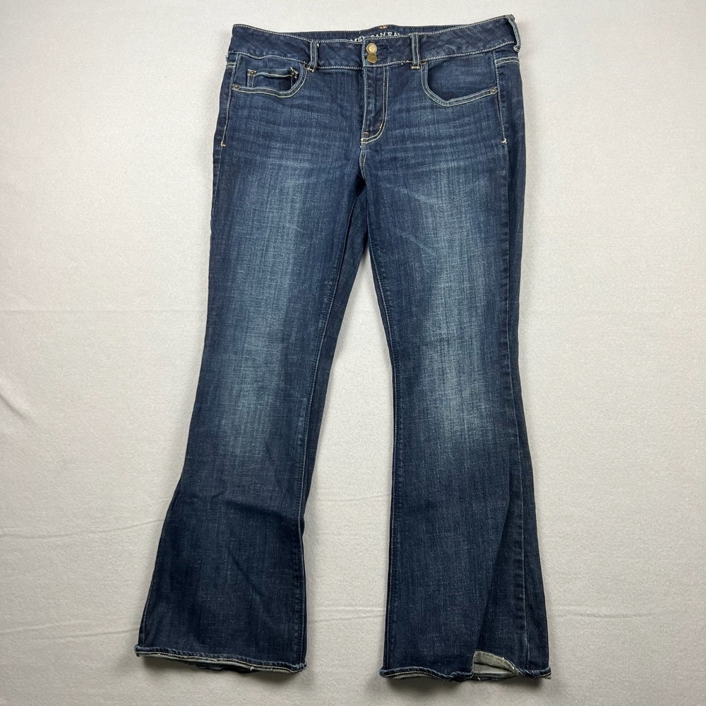 American Eagle Women 14 Short Blue Artist Flare Jeans Stretch Dark Wash Denim